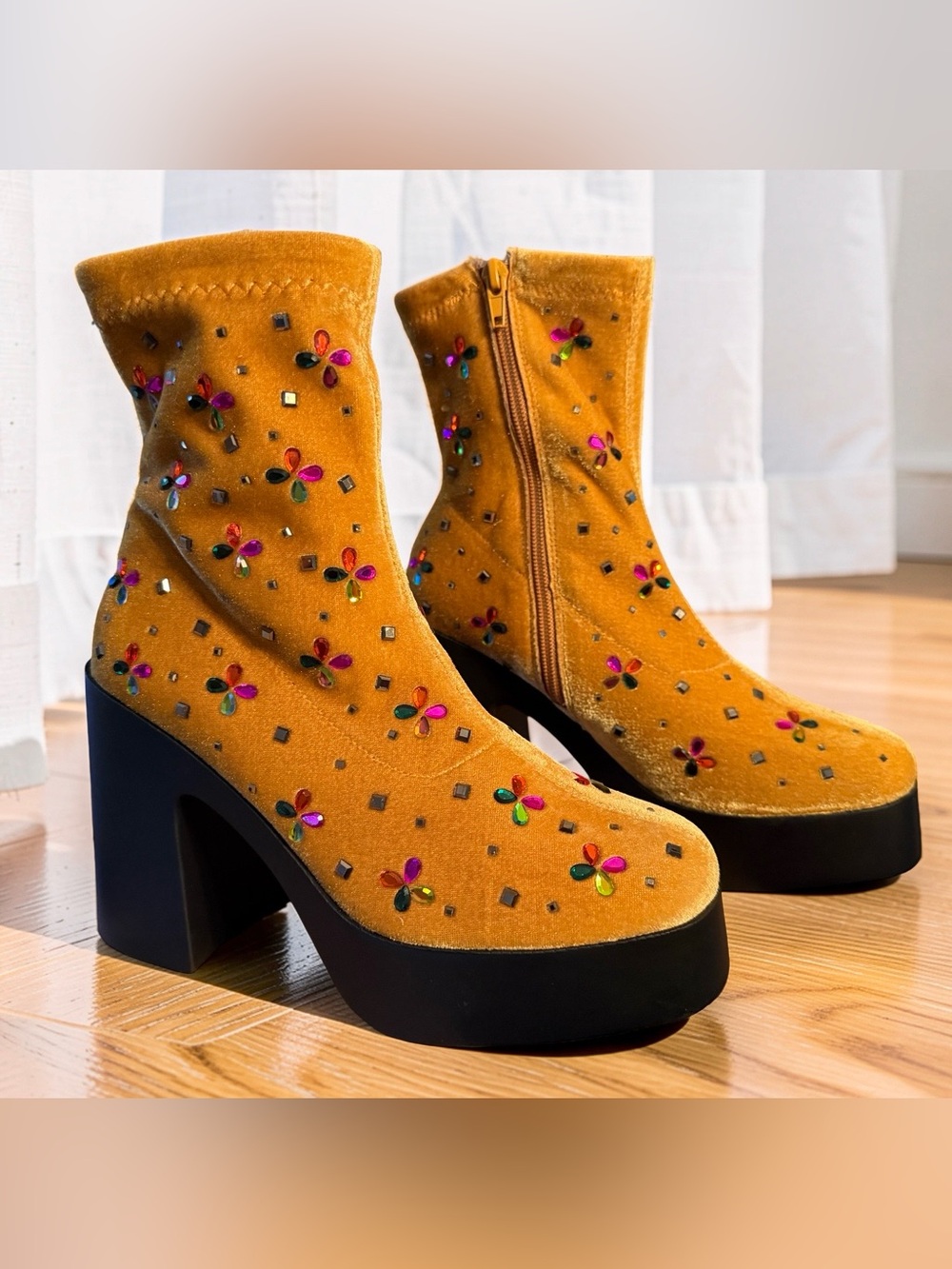 Betsey Johnson NWT Sz 7 Harriet Marigold Embellished Velvet Ankle Boots (SH472)